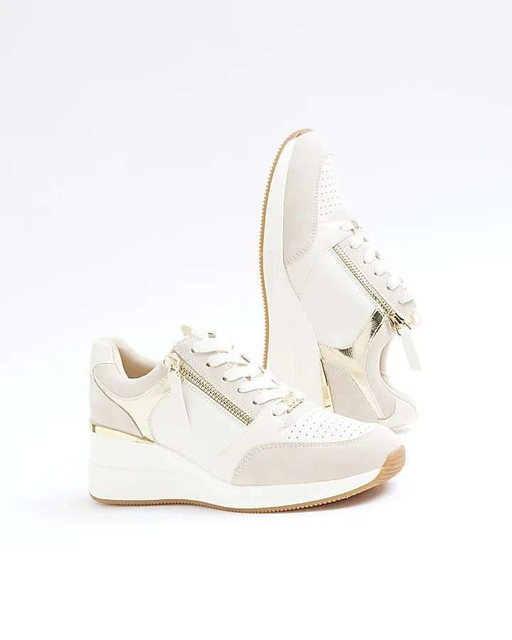 White Lace Up Wedge Trainers