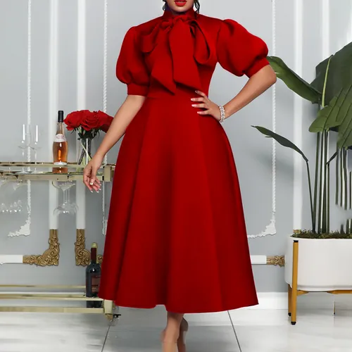 Women's Regular Dress Elegant Turtleneck Bowknot Short Sleeve Solid Color Midi Dress Daily