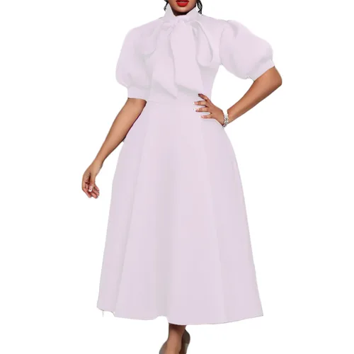 Women's Regular Dress Elegant Turtleneck Bowknot Short Sleeve Solid Color Midi Dress Daily