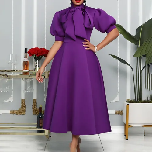 Women's Regular Dress Elegant Turtleneck Bowknot Short Sleeve Solid Color Midi Dress Daily