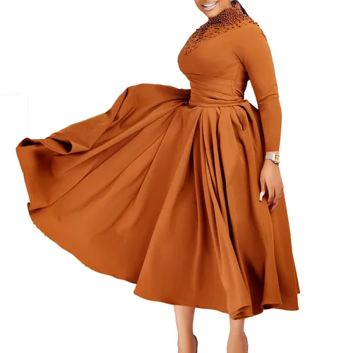 Women's Swing Dress Simple Style Turtleneck Beaded Pleated Long Sleeve Solid Color Midi Dress Holiday Daily