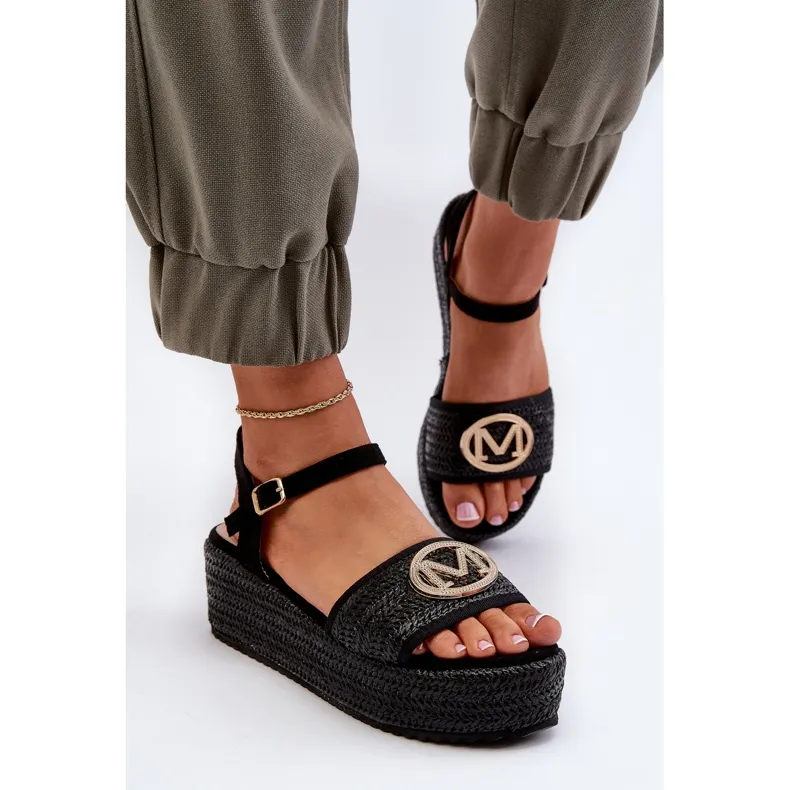 Women's Wedge Sandals With Braid, Black Esalena