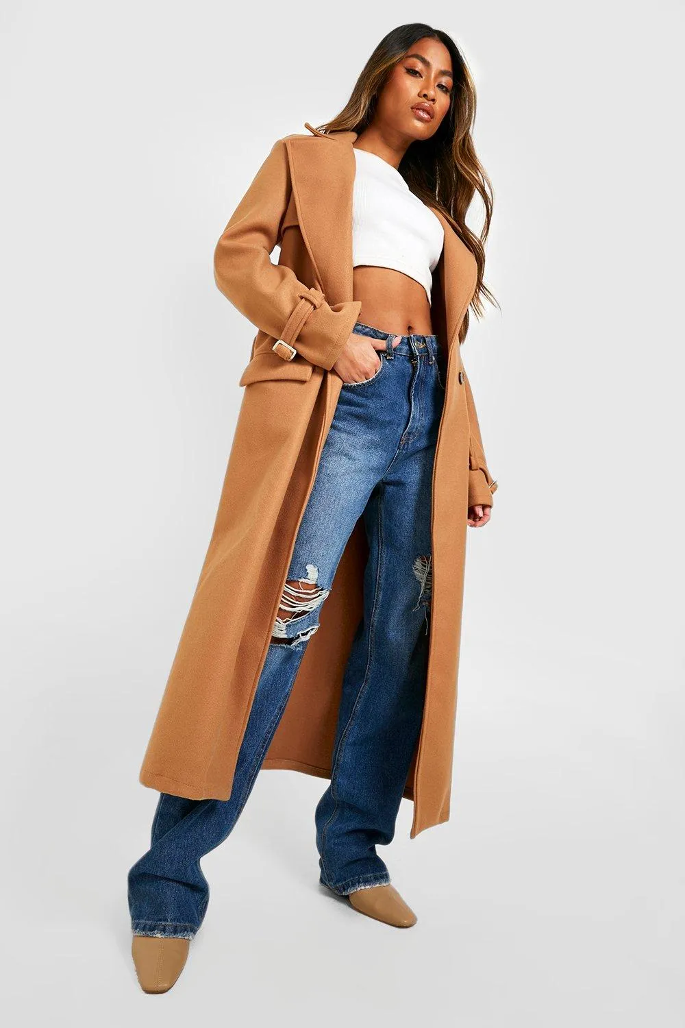 Wool Look Double Breasted Belted Maxi Coat