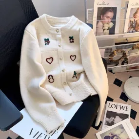 Xiaoxiangfeng Korean embroidered round neck single-breasted cardigan sweater for women spring and autumn 2024 new soft waxy swea