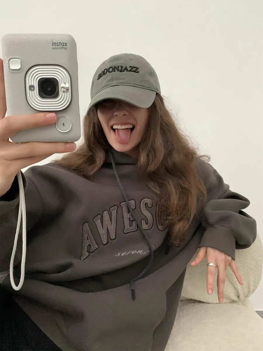 Zhou Miao ZHOUMIAO320G terry material embroidered letters hooded sweatshirt women's loose off-shoulder long-sleeved pullover top